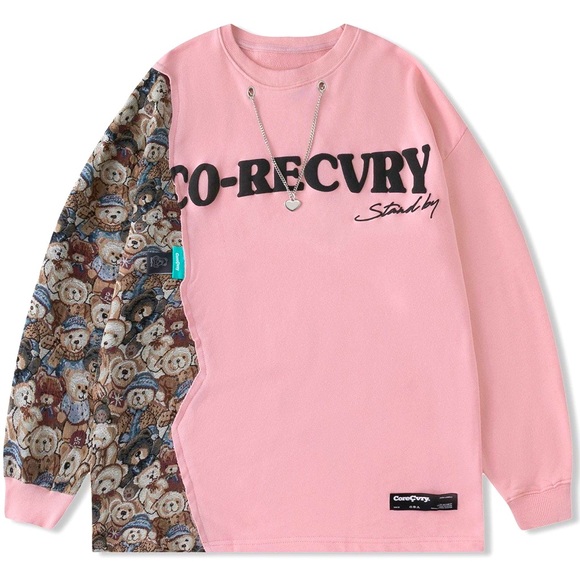 Unisex Panelled Bear Jacquard Sweatshirt | Pink | ONE Size - Picture 1 of 8